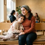 Geniz eti değerlendirmesi için bekleyen anne ve çocuğu